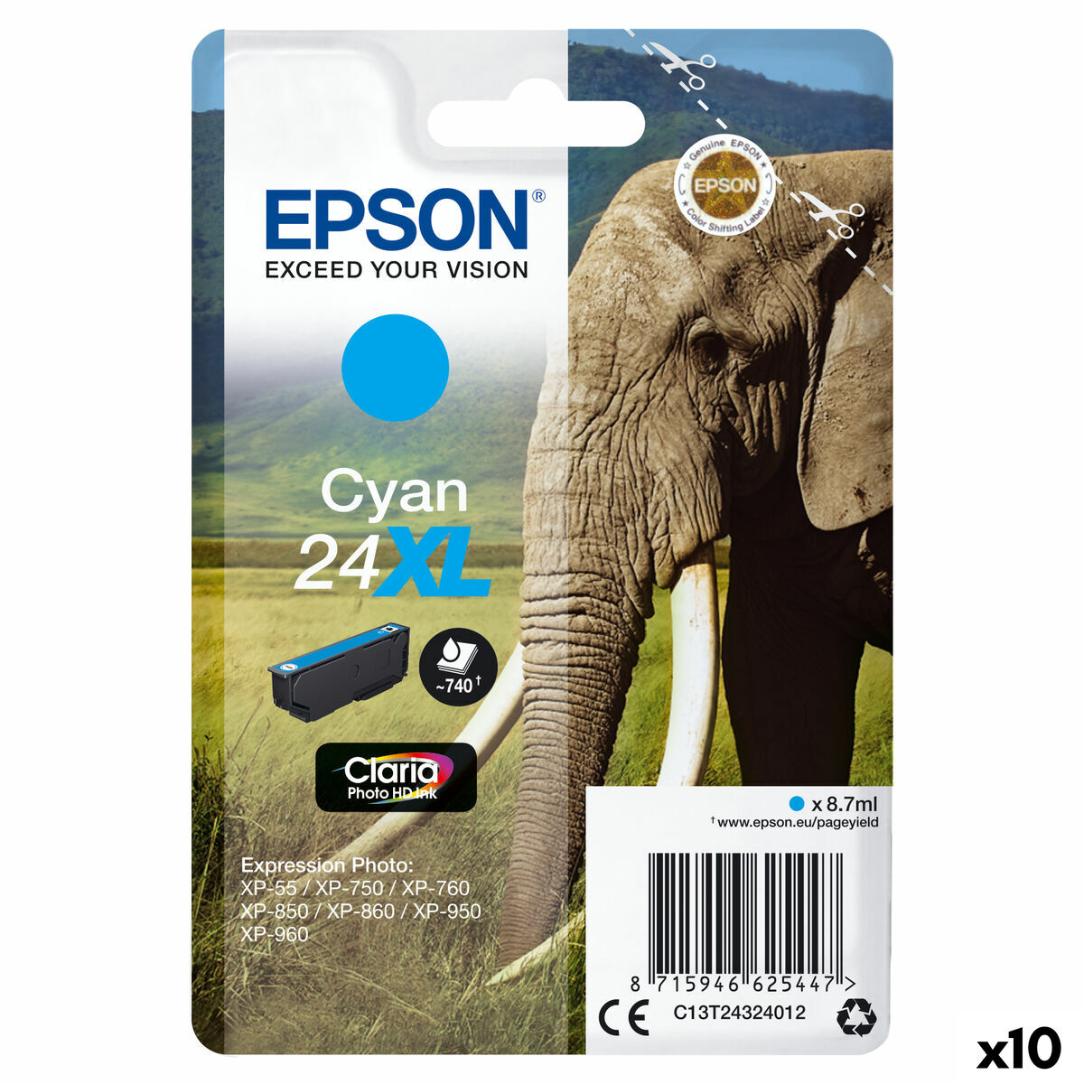 Original Tintenpatrone Epson CLARIA PHOTO HD INK EXPRESSION PHOTO XP-950 - 24XL Türkis (10 Stück)